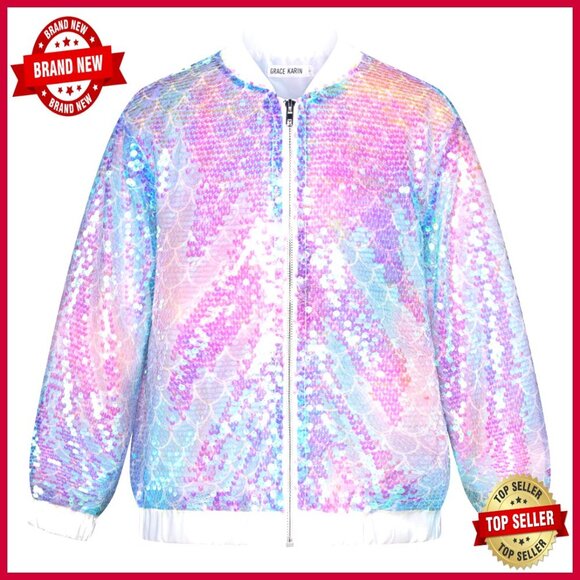 Other - Girls Sequin Bomber Jacket Size 5-14 Polyester Viscose Windproof Zipper